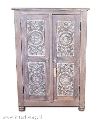 twee deurs dressoir / badkamermeubel - grey washed met lotus houtsnijwerk 90 x 80 x 50 cm
