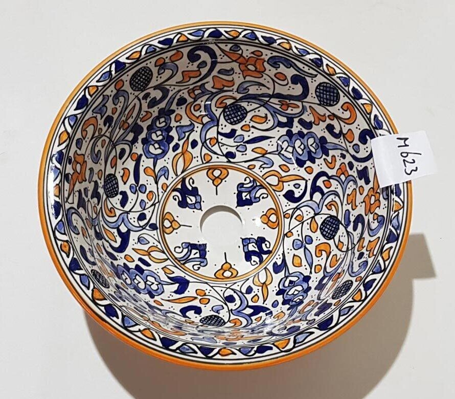 Marokkaanse waskom voor badkamer wastafel - blauw met oranje (nr M623) - aardewerk (opbouw) wasbak uit Fez - Ø 35 cm