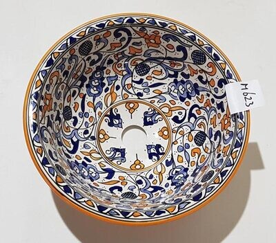 Marokkaanse waskom voor badkamer wastafel - blauw met oranje (nr M623) - aardewerk (opbouw) wasbak uit Fez - Ø 35 cm
