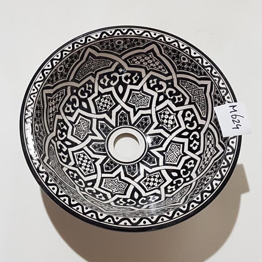 Marokkaanse waskom voor badkamer wastafel - zwart-wit (nr M624) - aardewerk  (opbouw) wasbak uit Fez - Ø 35 cm