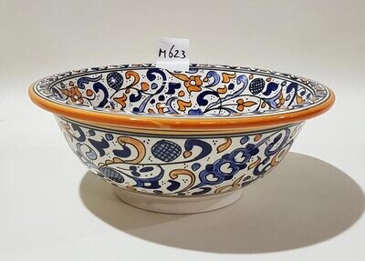 Marokkaanse waskom voor badkamer wastafel - blauw met oranje (nr M623) - aardewerk (opbouw) wasbak uit Fez - Ø 35 cm