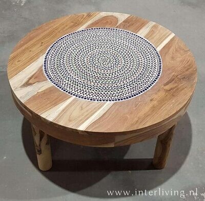 ronde salontafel mozaïek multi colour / hout sheesam unfinished