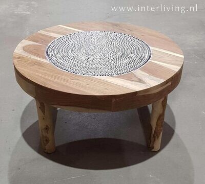 ronde salontafel mozaïek multi colour / hout sheesam unfinished