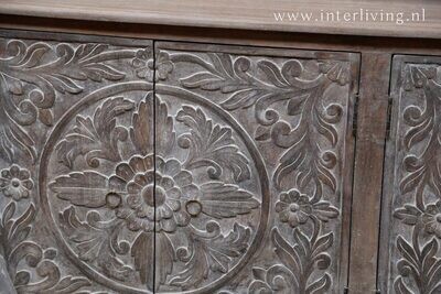 Dressoir grey washed mangohout met lotus houtsnijwerk 150 x 76 x 40 cm