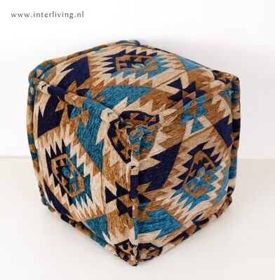 poef kelim design blauw 40 x 40 x 40 cm