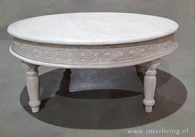 salontafel wit & rond: Boho chic houtsnijwerk - white washed Ibiza style - mangohout salontafel wit & rond: Boho chic houtsnijwerk - white washed Ibiza style - mangohout