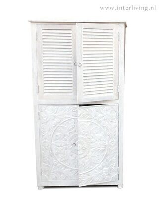oosterse buffet of vitrine kast uit India van mangohout - white washed - met lotus houtsnijwerk en lamellen