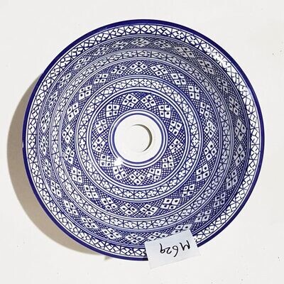 Marokkaanse waskom "M629"- aardewerk (opbouw) wasbak uit Fez - Ø 35 cm - helder blauw motief