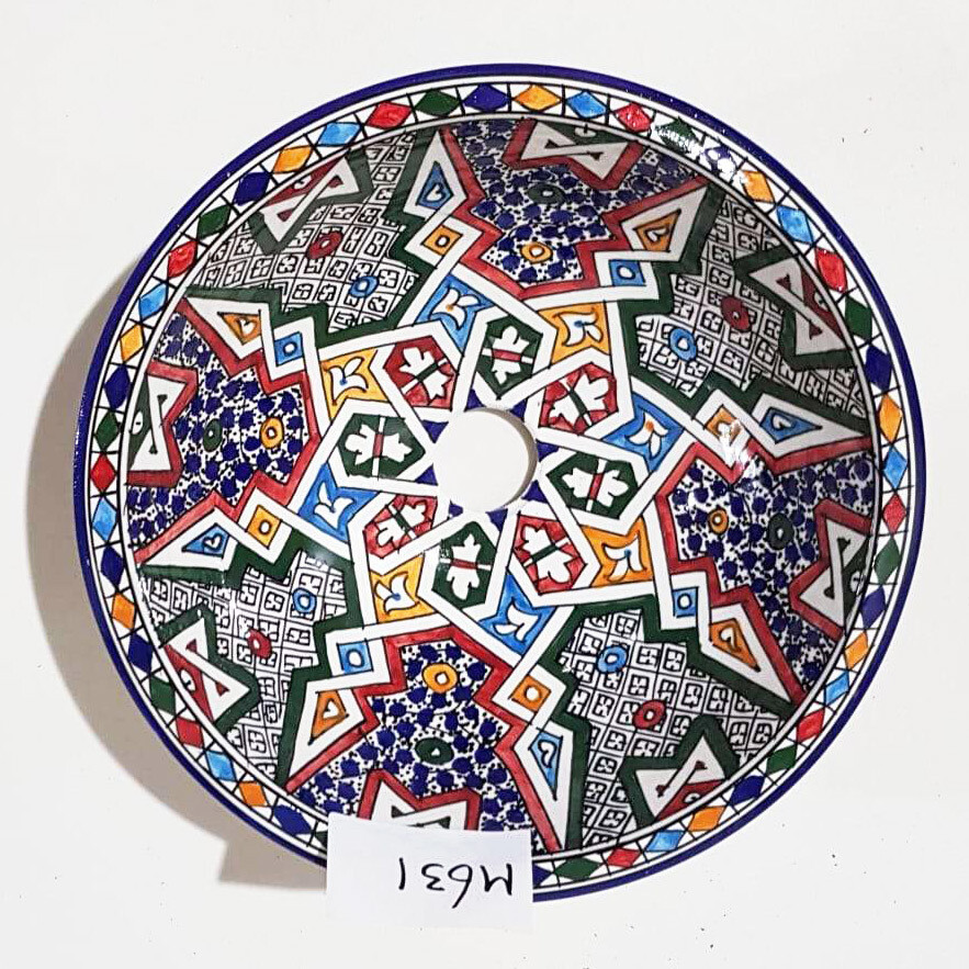 Marokkaanse waskom voor badkamer wastafel - kleurrijke patronen (nr M631) - aardewerk (opbouw) wasbak uit Fez - Ø 35 cm
