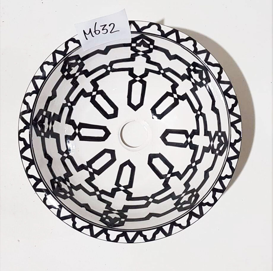 Marokkaanse waskom voor badkamer wastafel - zwart-wit (nr M632) - aardewerk (opbouw) wasbak uit Fez - Ø 35 cm