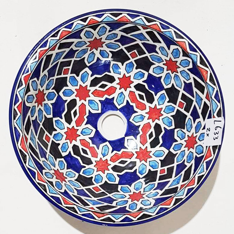 Marokkaanse waskom met gekleurde patronen - blauw en rood -  (nr L633) - aardewerk (opbouw) wasbak uit Fez - Ø 40 cm