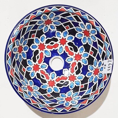 Marokkaanse waskom met gekleurde patronen - blauw en rood -  (nr L633) - aardewerk (opbouw) wasbak uit Fez - Ø 40 cm