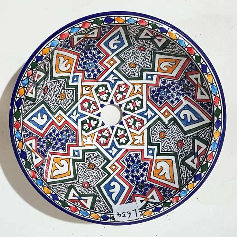 Marokkaanse waskom met gekleurde patronen - blauwe rand -  (nr L634) - aardewerk (opbouw) wasbak uit Fez - Ø 40 cm