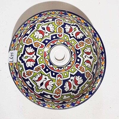Marokkaanse waskom met gekleurde patronen - blauwe rand -  (nr L635) - aardewerk (opbouw) wasbak uit Fez - Ø 40 cm