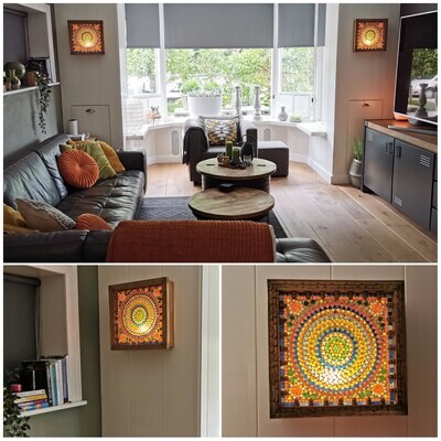 Jodhpur wandlamp van massief mangohout met 3D houtsnijwerk &amp; glas mozaiek / multi colour - handgemaakt uit India - 35 cm