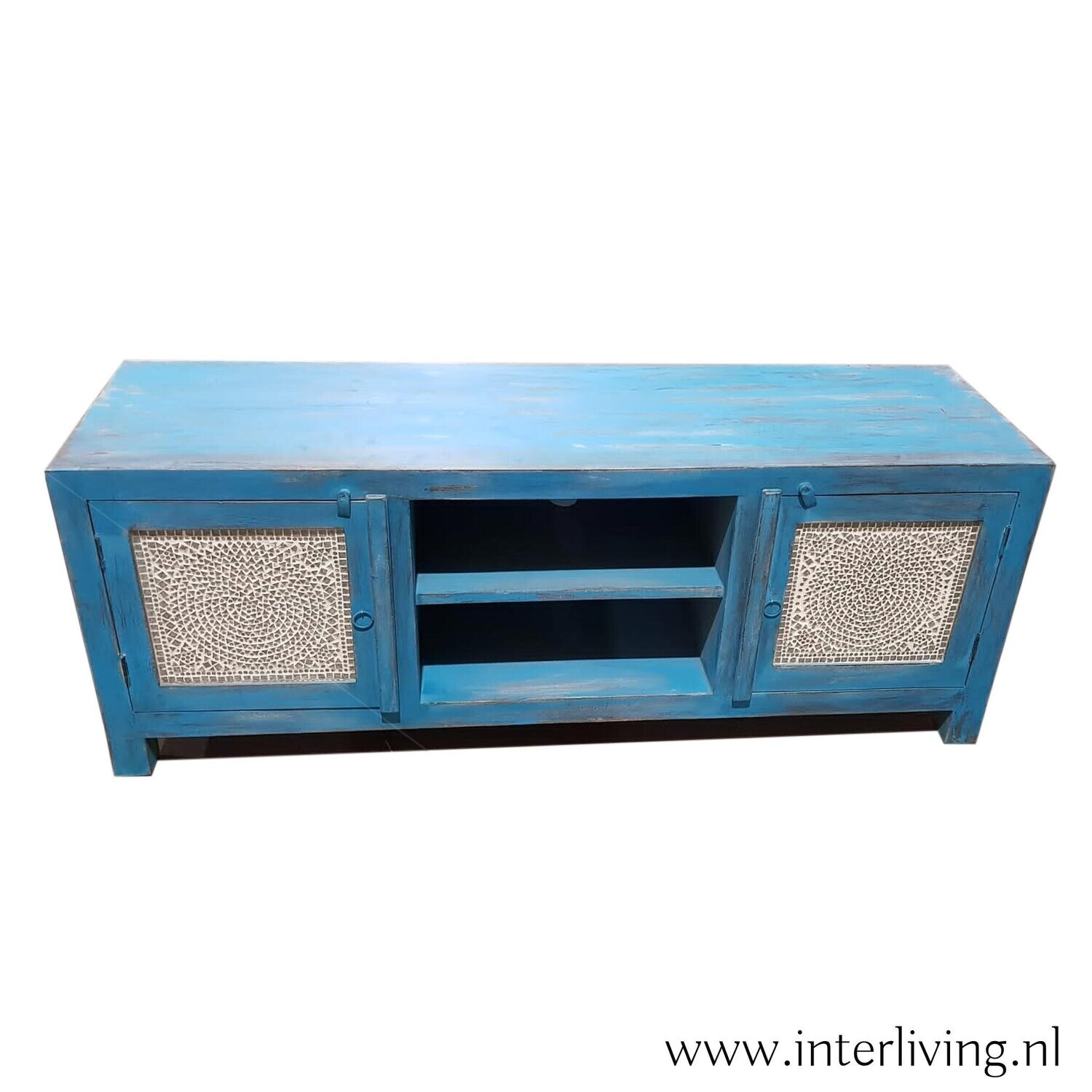 TV kast van sheesamhout -vintage blue washed met transparant glasmozaïek - shabby sjiek style