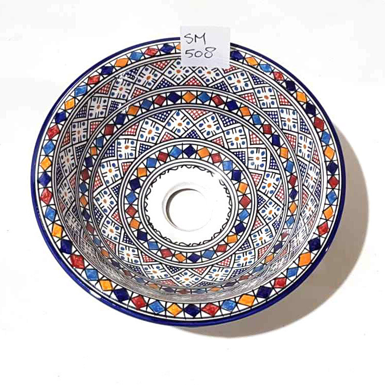 Marokkaanse waskom "Marah"- SM508 - aardewerk (opbouw) wasbak uit Fez - Ø 30 cm met gekleurde patronen