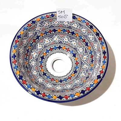 Marokkaanse waskom "Marah"- SM508 - aardewerk (opbouw) wasbak uit Fez - Ø 30 cm met gekleurde patronen