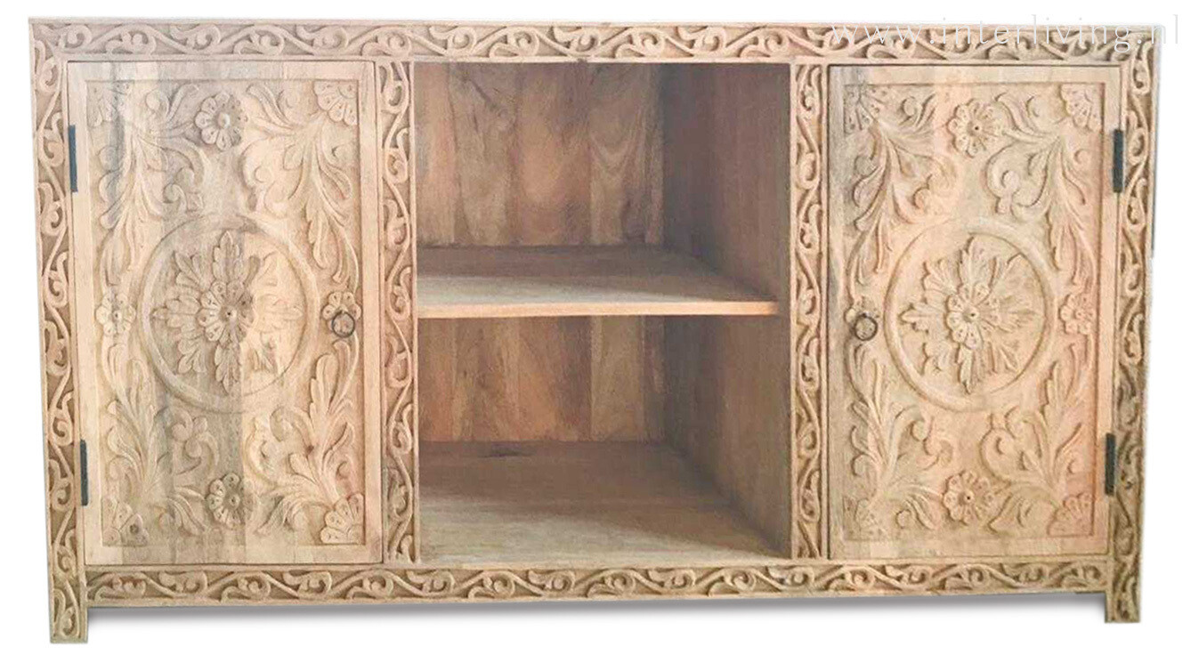 TV kast naturel mangohout met lotus houtsnijwerk en bewerkte randen - 150*76*40 cm