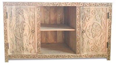 TV kast naturel mangohout met lotus houtsnijwerk en bewerkte randen - 150*76*40 cm
