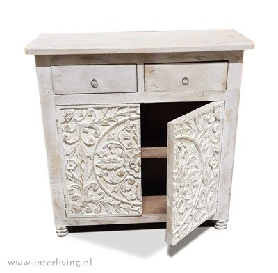 Dressoir mangohout "Ibiza wash" met lotus houtsnijwerk en twee lades
