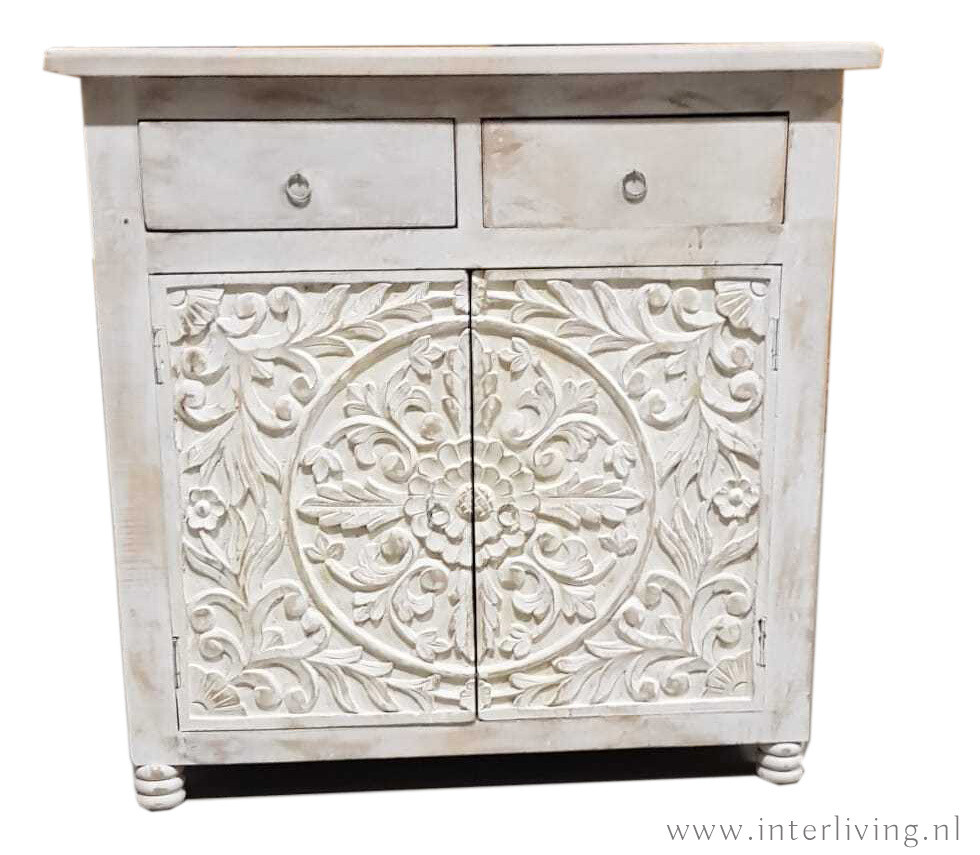 Dressoir mangohout "Ibiza wash" met lotus houtsnijwerk en twee lades