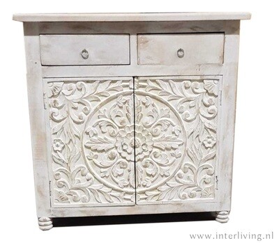 Dressoir mangohout &quot;Ibiza wash&quot; met lotus houtsnijwerk en twee lades