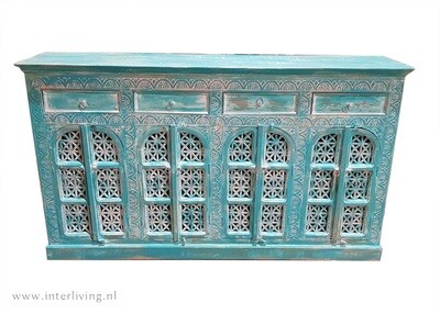 Boho Dressoir &quot;aqua washed&quot; mangohout met 8 deurtjes en 4 laden 175 x 100 x 40 cm