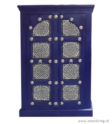 kastje in indigo blue finish met blauwe mozaïek panelen en zilverkleurig beslag