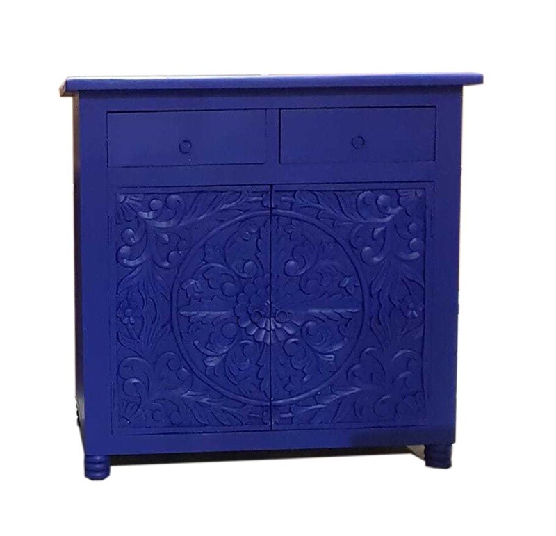 Dressoir mangohout &quot;Indigo blue&quot; met lotus houtsnijwerk en twee lades