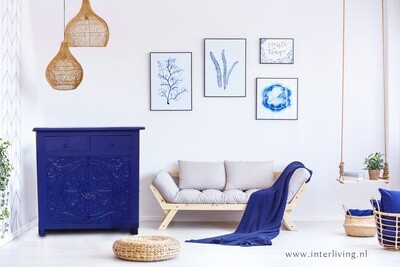 Dressoir mangohout "Indigo blue" met lotus houtsnijwerk en twee lades