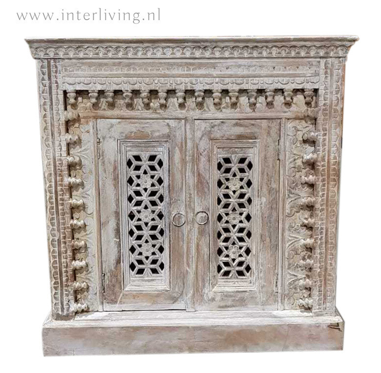 Indiase lage kast ibiza washed - twee deurs - houtsnijwerk "Jodhpur" uit India 80x80x40 cm