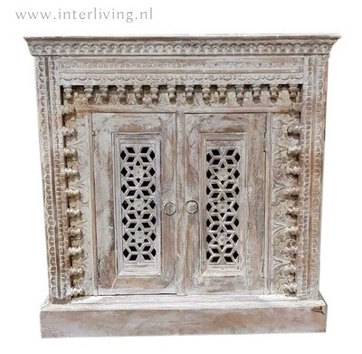 Indiase lage kast ibiza washed - twee deurs - houtsnijwerk &quot;Jodhpur&quot; uit India 80x80x40 cm