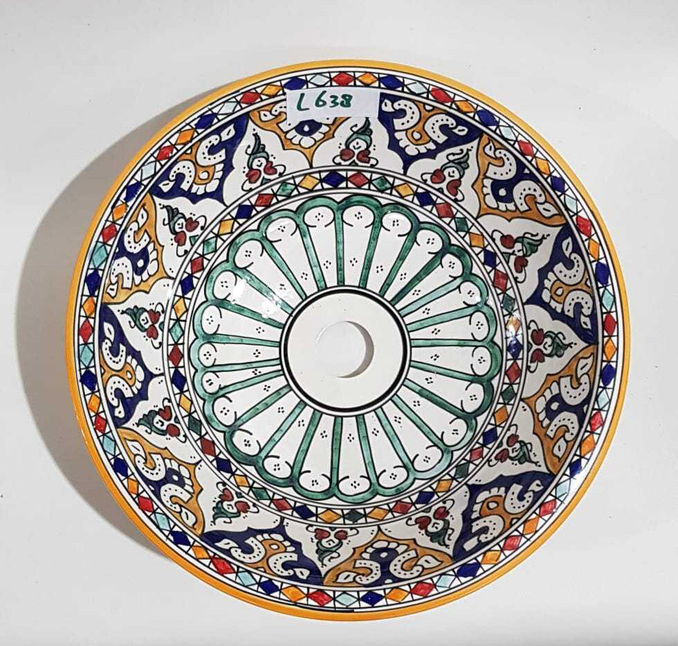 Marokkaanse waskom met gekleurde patronen - oranje rand -  (nr L638) - aardewerk (opbouw) wasbak uit Fez - Ø 40 cm