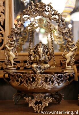 Bronzen standbeeld van de olifant lord Ganesh op schommel in schaal / kom - handgemaakte Hindoeïstische altaar decor 55 cm