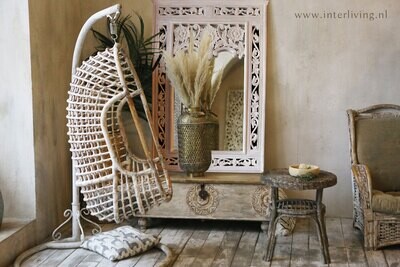 houten passpiegel oosters houtsnijwerk - mangohout wit -  120 cm x 80 cm