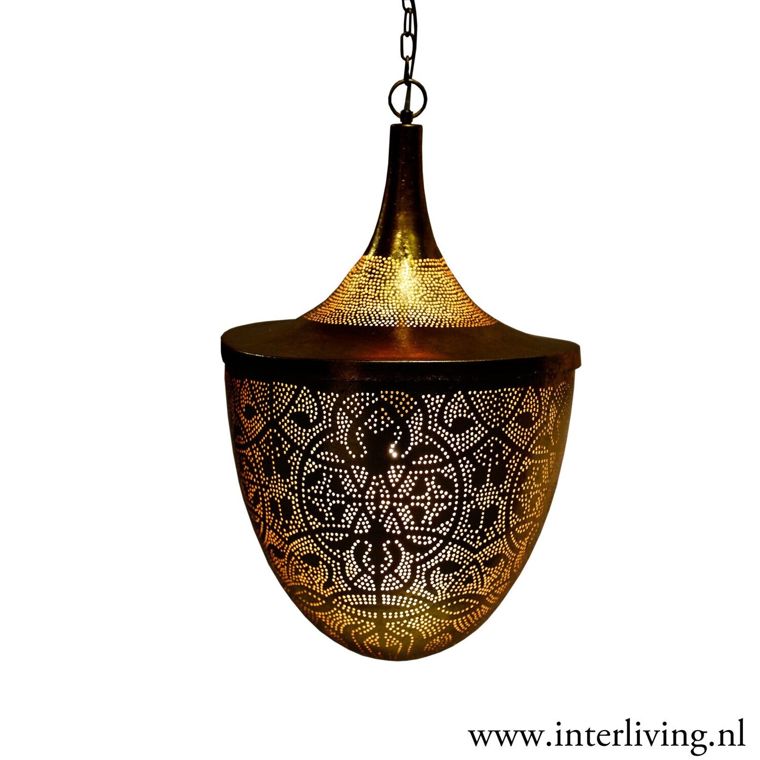 Hanglamp Marokkaans model "Hayat" in Arabische style van mat zwart metaal in modern design met binnenkant vintage goud look
