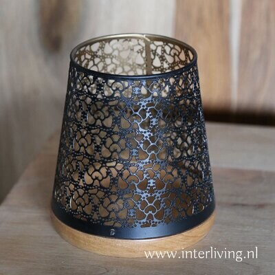 zwarte lantaarn metaal met goud &amp; mangohout - gaatjes patronen - Qalbi