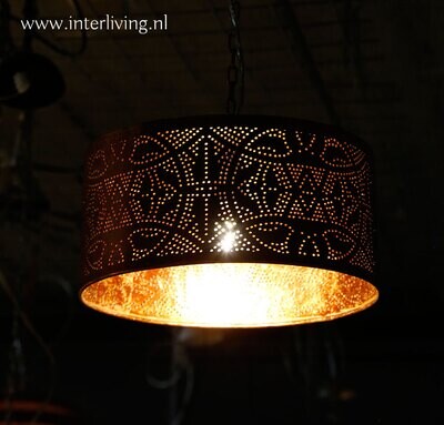 lampenkap Ø 40 cm Filigrain zwart & vintage koper binnenkant - model cilinder hanglamp / open onderkant & bovenkant dicht - scandi bo style lampenkap Ø 40 cm Filigrain zwart & vintage koper binnenkant - model cilinder hanglamp / open onderkant & bovenkant dicht - scandi bo style