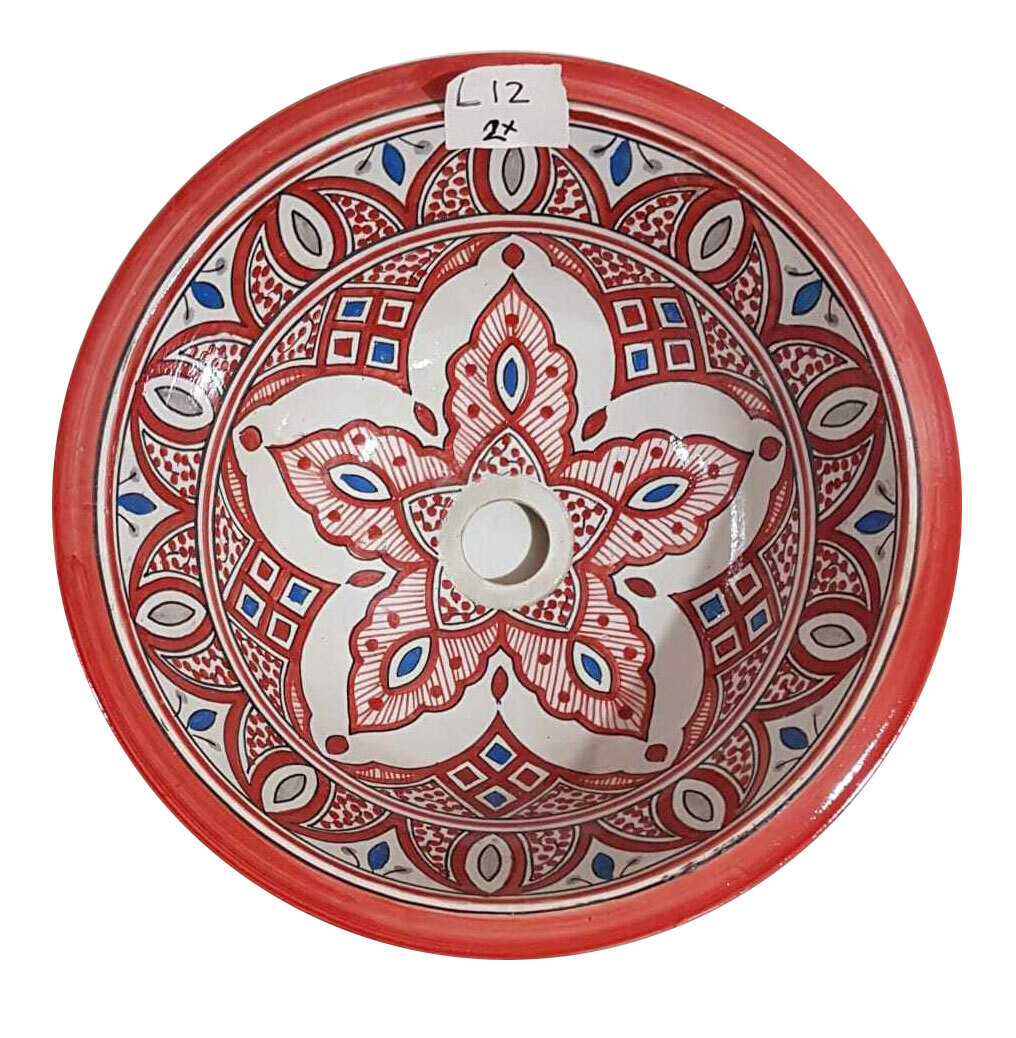 Marokkaanse waskom "Fonteinkom Fez" met warm rood geschilderde patronen op wit "L12" - groot rond model van aardewerk (opbouw) wasbak Ø 40 cm