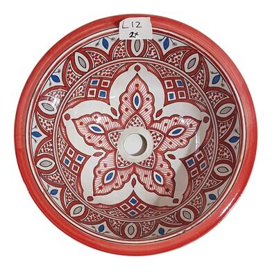 Marokkaanse waskom "Fonteinkom Fez" met warm rood geschilderde patronen op wit "L12" - groot rond model van aardewerk (opbouw) wasbak Ø 40 cm