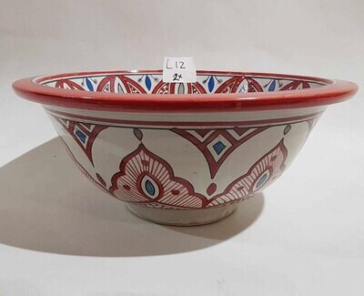 Marokkaanse waskom "Fonteinkom Fez" met warm rood geschilderde patronen op wit "L12" - groot rond model van aardewerk (opbouw) wasbak Ø 40 cm