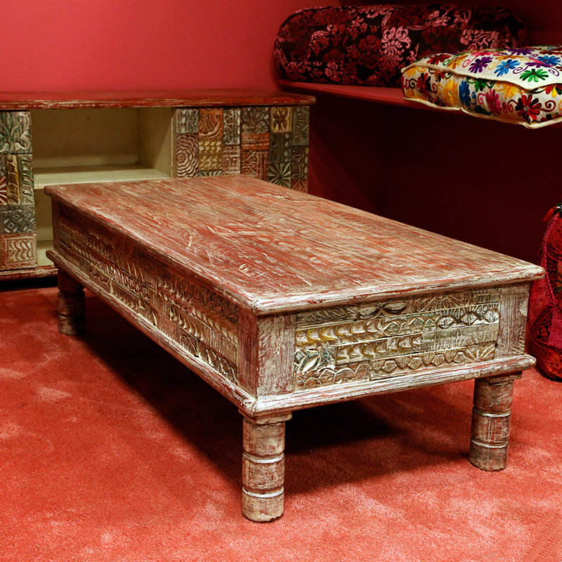 tafel van massief mango hout vintage red washed met prachtig houtsnijwerk stempels 126*60*41