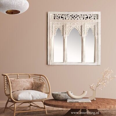 houten Boho spiegel met drie oosterse bogen van mangohout -  white wash - 100 cm x 100 cm