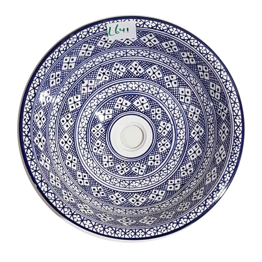 Marokkaanse waskom  met blauwe  tinten - L645 - aardewerk (opbouw) wasbak uit Fez - Ø 40 cm