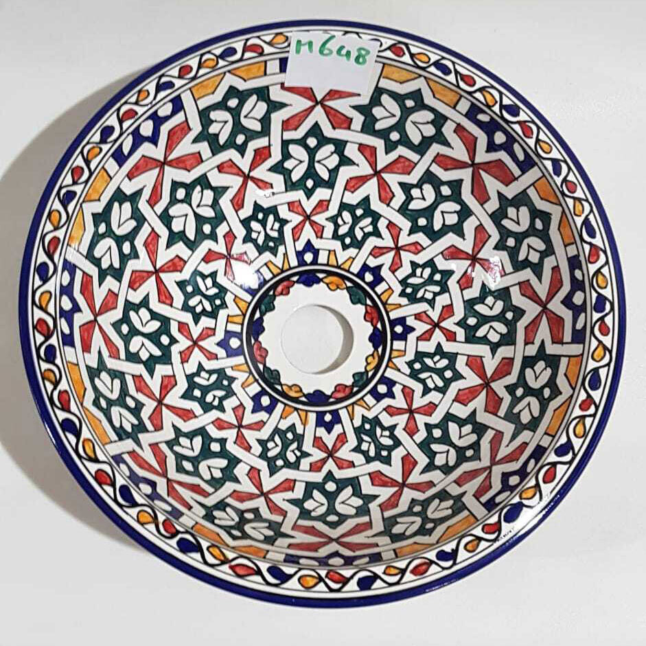 Marokkaanse waskom voor badkamer wastafel - kleurrijke patronen (nr M648) - aardewerk (opbouw) wasbak uit Fez - Ø 35 cm