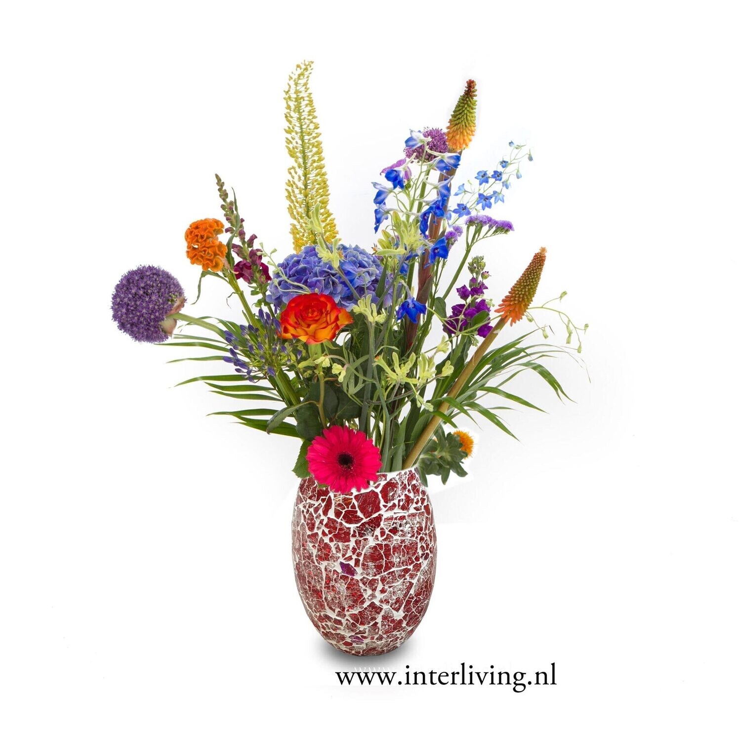 Hippe funky kleurrijke bloemenvaas van gebroken mozaïek met parelmoerglans in rood / paars - gerecycled glas