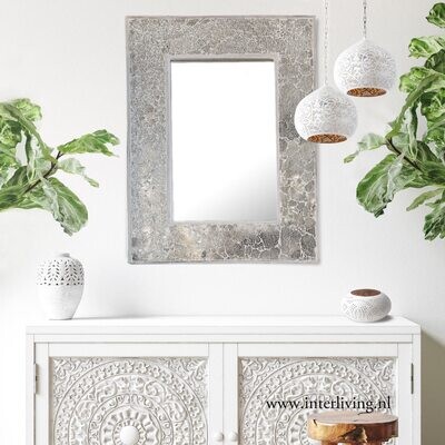 Zilver witte Marokkaanse of Bohemian spiegel met mozaïek van glinsterende stukjes glas - "broken glass design" omlijsting - 80 cm / rechthoek