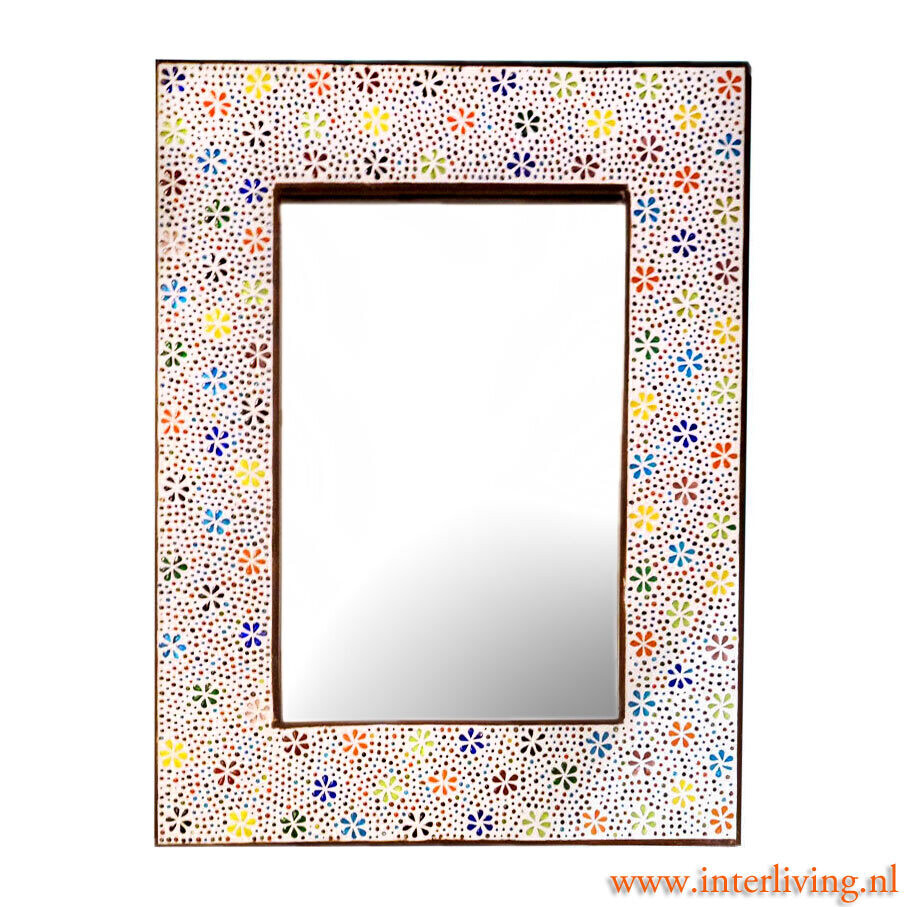 spiegel rechthoek van wit & kleurrijke Bohemian bloemen patroon kraaltjes -  flower design - 80 cm x 65 cm
