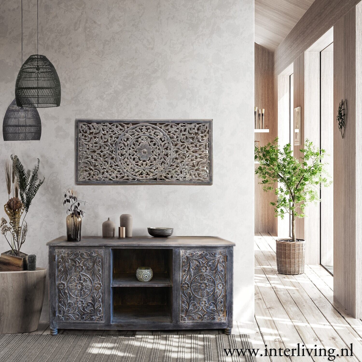 Dressoir grey washed mangohout met lotus houtsnijwerk 150 x 76 x 47 cm - landelijk sober sjiek styling interieur
